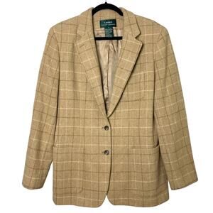 Lauren Ralph Lauren Women's Tan Wool Windowpane Check Blazer Size 12 Made in USA